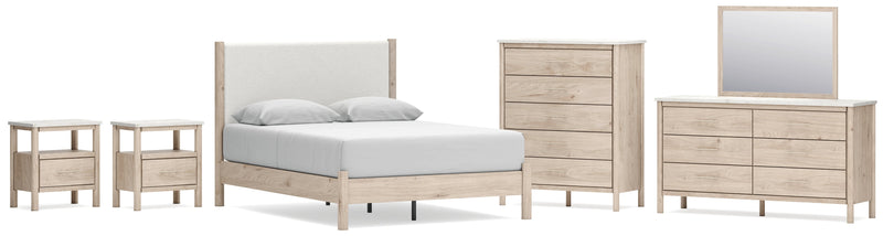 Cadmori Queen Upholstered Panel Bed with Mirrored Dresser, Chest and 2 Nightstands in Two-tone from Ashley - Lara Furniture