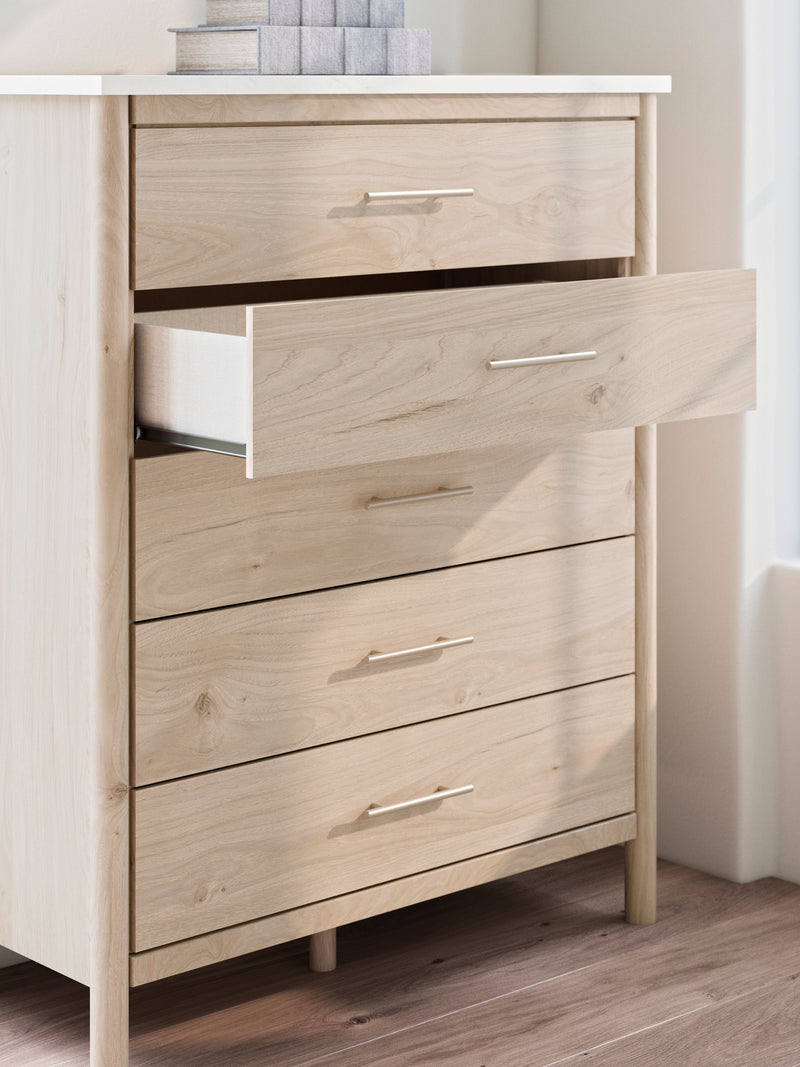 Cadmori Queen Upholstered Panel Bed with Mirrored Dresser, Chest and 2 Nightstands in Two-tone from Ashley - Lara Furniture