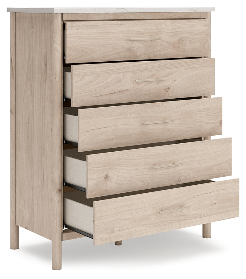 Cadmori Queen Upholstered Panel Bed with Mirrored Dresser, Chest and Nightstand in Two-tone from Ashley - Lara Furniture