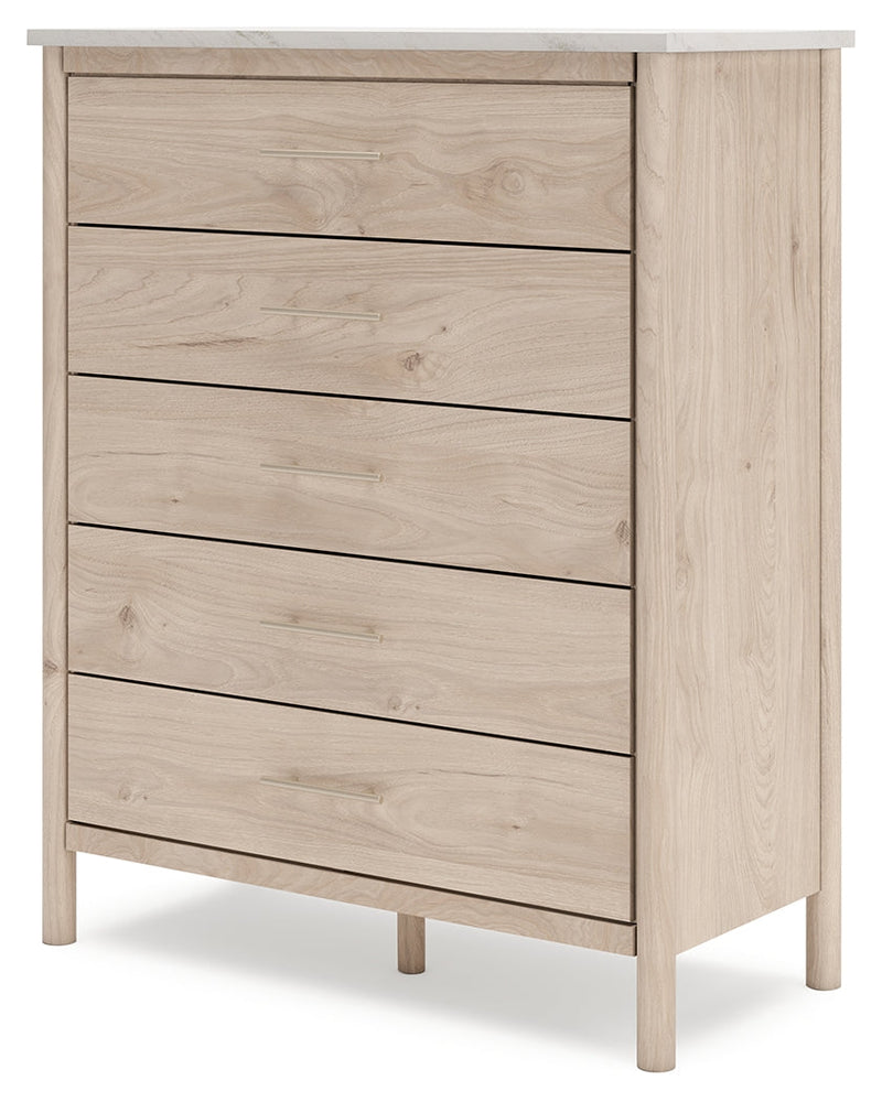 Cadmori Queen Upholstered Panel Bed with Mirrored Dresser, Chest and Nightstand in Two-tone from Ashley - Lara Furniture