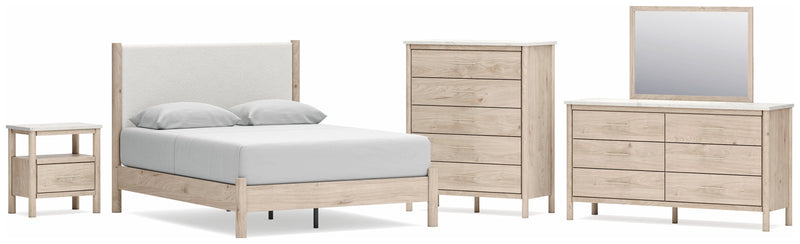 Cadmori Queen Upholstered Panel Bed with Mirrored Dresser, Chest and Nightstand in Two-tone from Ashley - Lara Furniture