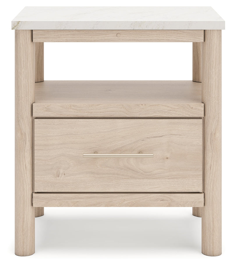 Cadmori Queen Upholstered Panel Bed with Mirrored Dresser, Chest and Nightstand in Two-tone from Ashley - Lara Furniture