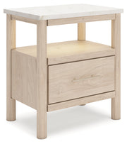 Cadmori Queen Upholstered Panel Bed with Mirrored Dresser, Chest and Nightstand in Two-tone from Ashley - Lara Furniture