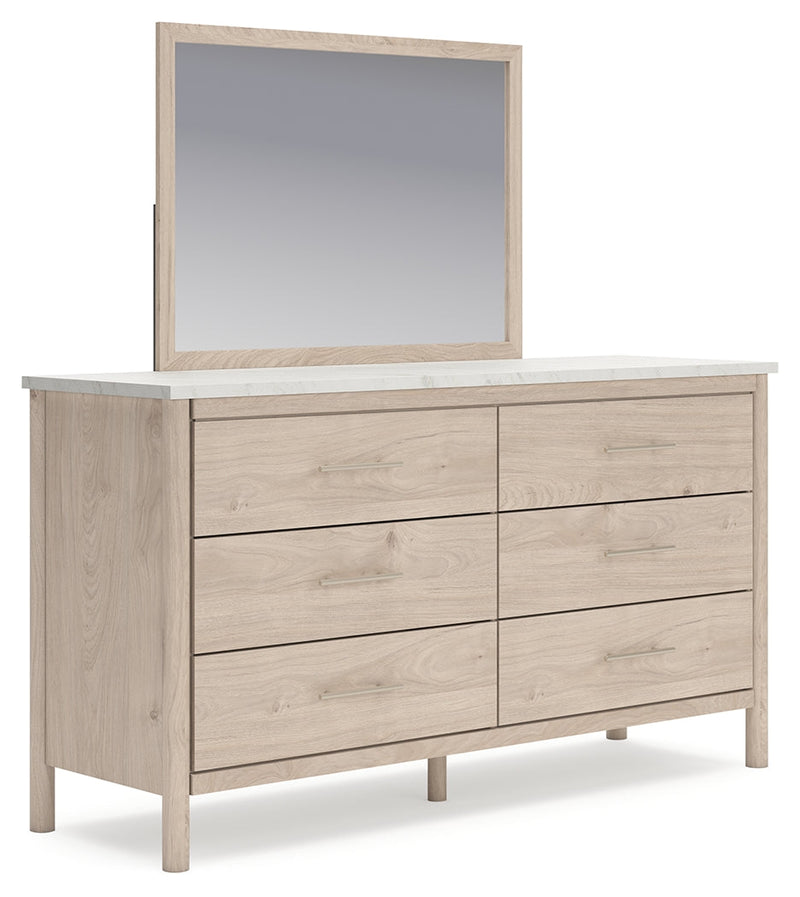 Cadmori Queen Upholstered Panel Bed with Mirrored Dresser, Chest and Nightstand in Two-tone from Ashley - Lara Furniture