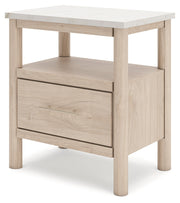 Cadmori Queen Upholstered Panel Bed with Mirrored Dresser, Chest and Nightstand in Two-tone from Ashley - Lara Furniture