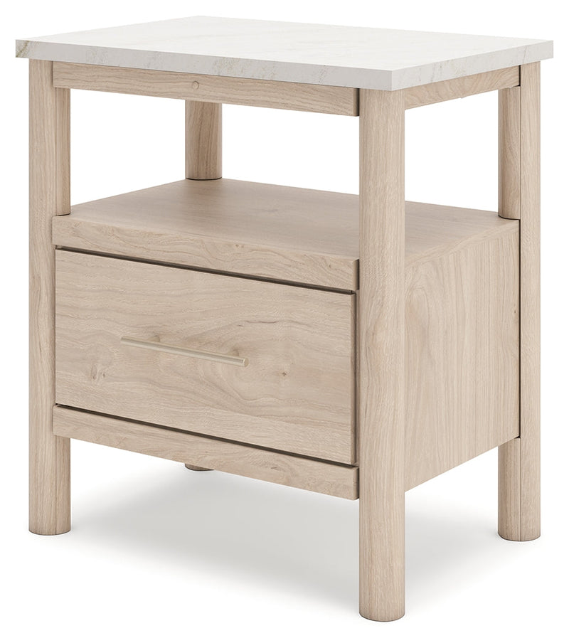 Cadmori Queen Upholstered Panel Bed with Mirrored Dresser, Chest and Nightstand in Two-tone from Ashley - Lara Furniture