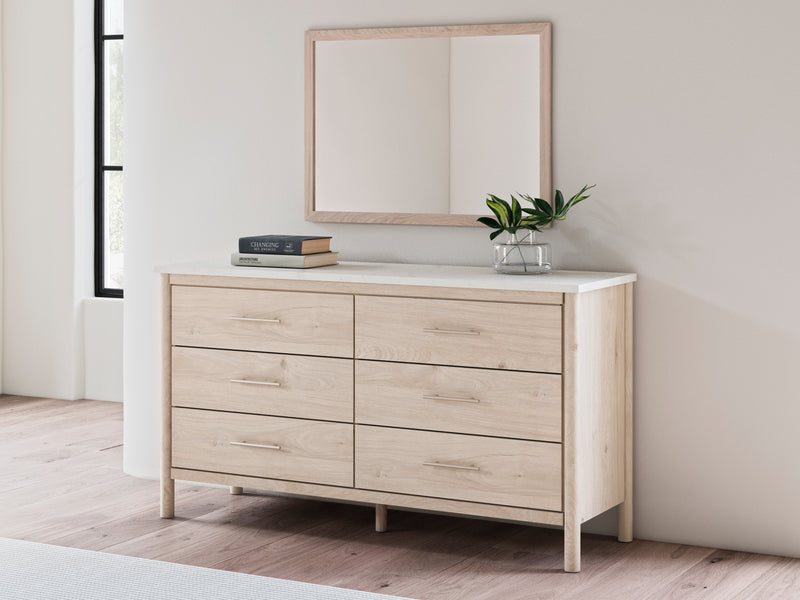 Cadmori Queen Upholstered Panel Bed with Mirrored Dresser, Chest and Nightstand in Two-tone from Ashley - Lara Furniture