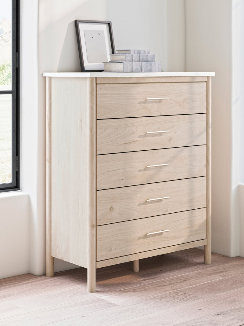 Cadmori Queen Upholstered Panel Bed with Mirrored Dresser, Chest and Nightstand in Two-tone from Ashley - Lara Furniture
