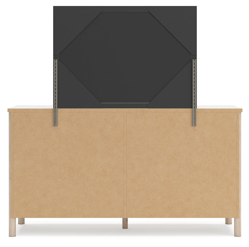 Cadmori Queen Upholstered Panel Bed with Mirrored Dresser, Chest and Nightstand in Two-tone from Ashley - Lara Furniture