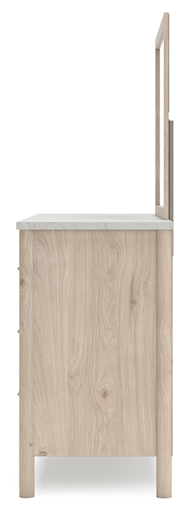 Cadmori Queen Upholstered Panel Bed with Mirrored Dresser, Chest and Nightstand in Two-tone from Ashley - Lara Furniture