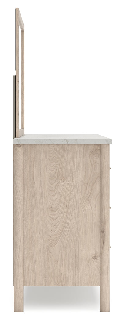 Cadmori Queen Upholstered Panel Bed with Mirrored Dresser, Chest and Nightstand in Two-tone from Ashley - Lara Furniture