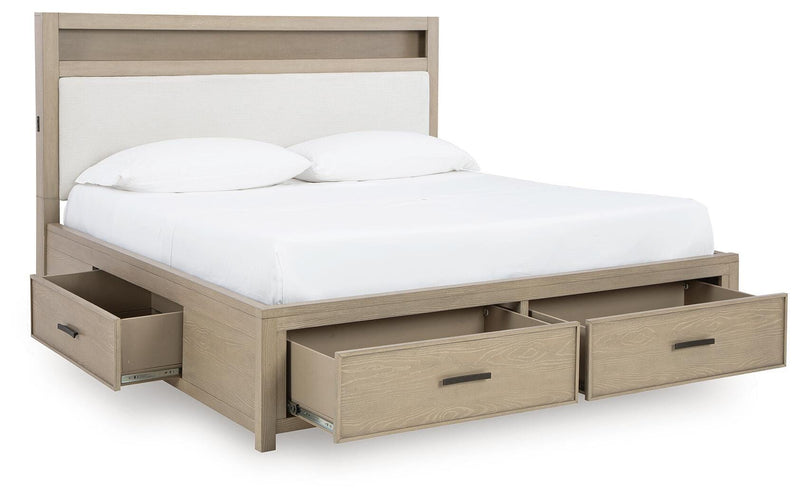 Calmoro King Bookcase Bed with Dresser and Nightstand in Gray - PKG021331