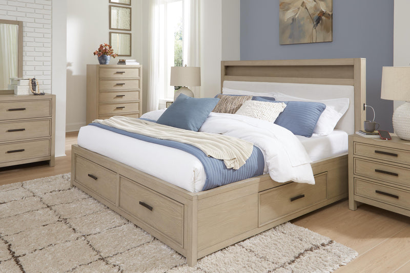 Calmoro King Bookcase Bed with Mirrored Dresser and 2 Nightstands in Gray - PKG021325