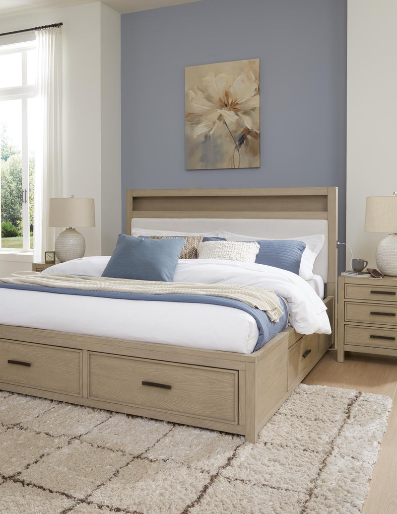 Calmoro King Bookcase Bed with Mirrored Dresser and 2 Nightstands in Gray - PKG021325