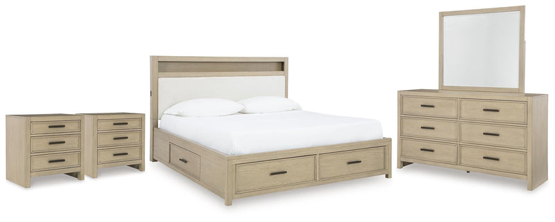 Calmoro King Bookcase Bed with Mirrored Dresser and 2 Nightstands in Gray - PKG021325