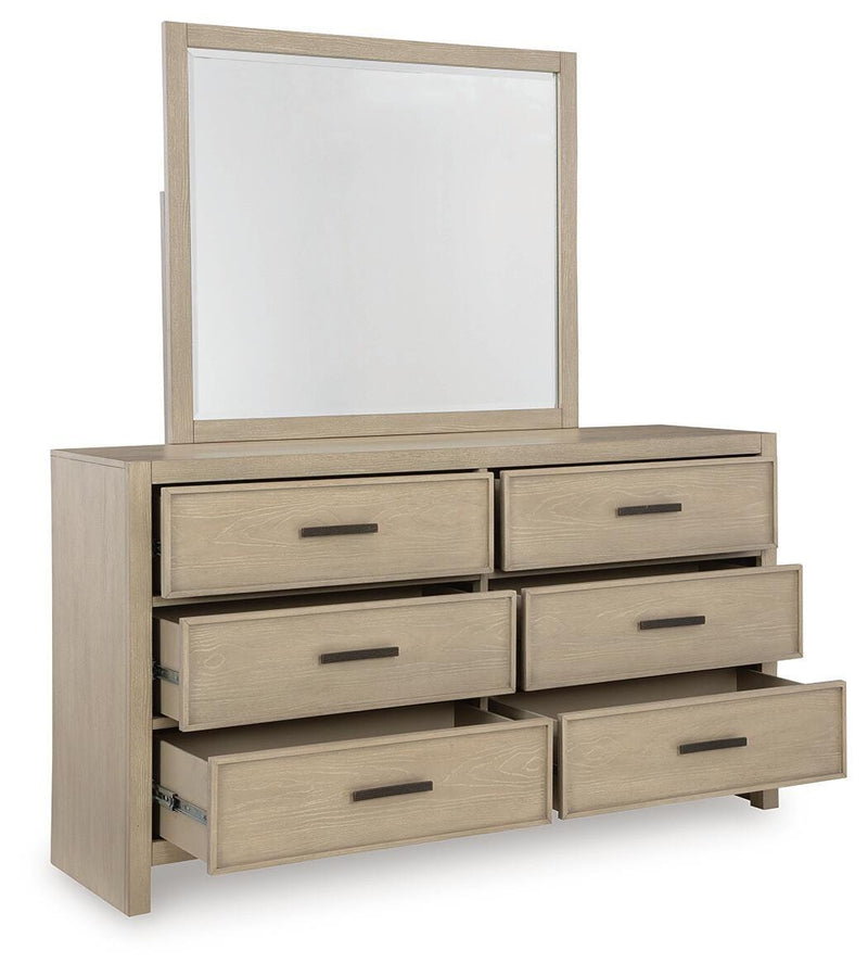 Calmoro King Bookcase Bed with Mirrored Dresser and 2 Nightstands in Gray - PKG021325