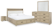 Calmoro King Bookcase Bed with Mirrored Dresser and Nightstand in Gray - PKG021327