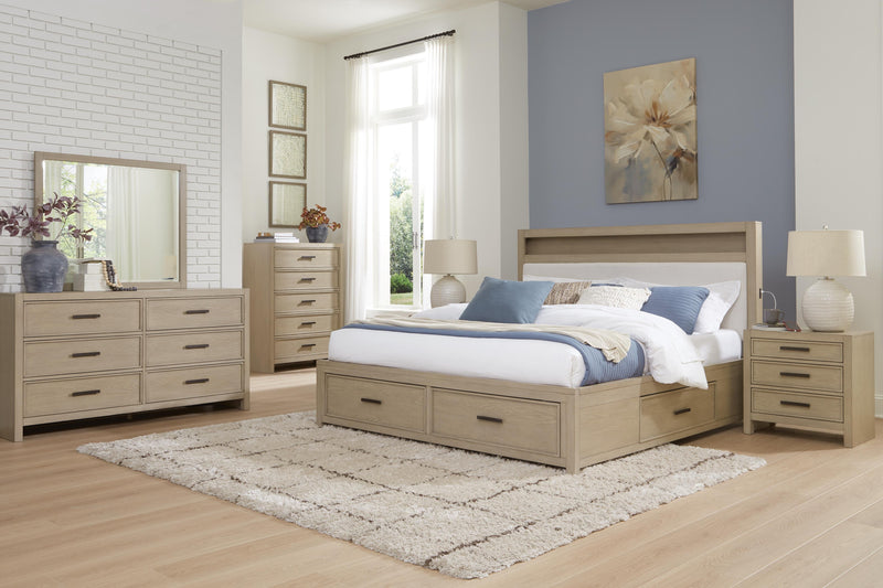 Calmoro Queen Bookcase Bed with Mirrored Dresser, Chest and 2 Nightstands in Gray - PKG021318