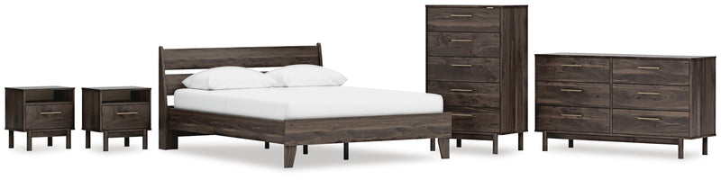 Calverson Queen Panel Platform Bed, Dresser, Chest and 2 Nightstands in Mocha - PKG017865