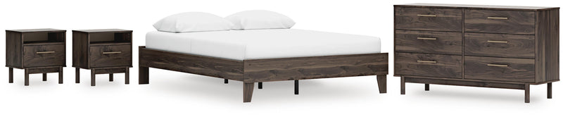 Calverson Queen Platform Bed, Dresser and 2 Nightstands in Mocha - PKG017855