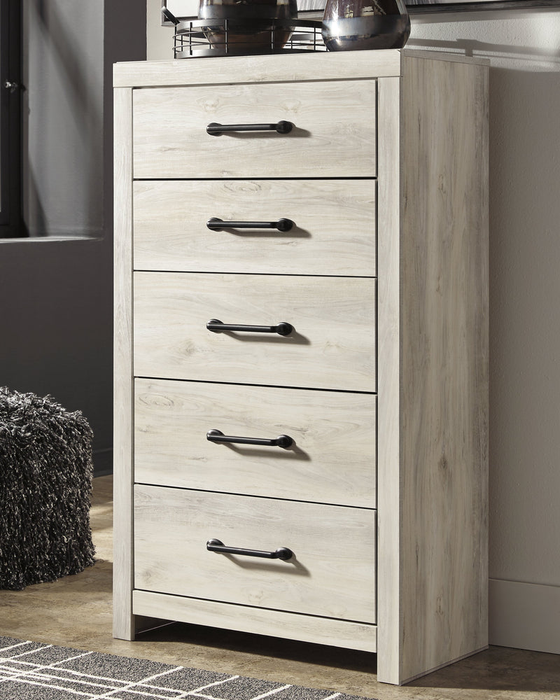 Cambeck Full Panel Bed with 2 Storage Drawers with Mirrored Dresser and Chest in Whitewash - PKG003052