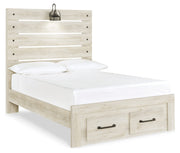 Cambeck Full Panel Bed with 2 Storage Drawers with Mirrored Dresser and Chest in Whitewash - PKG003052
