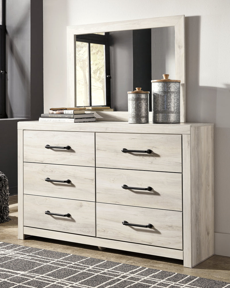 Cambeck Full Panel Bed with 2 Storage Drawers with Mirrored Dresser in Whitewash - PKG002987