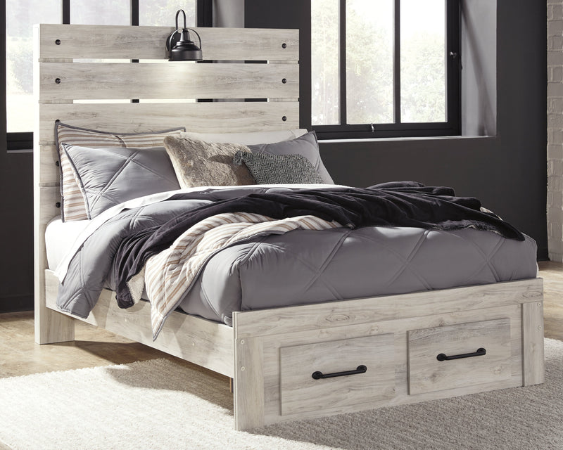 Cambeck Full Panel Bed with 2 Storage Drawers with Mirrored Dresser in Whitewash - PKG003050