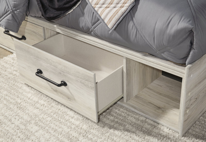 Cambeck Full Panel Bed with 4 Storage Drawers with Mirrored Dresser and 2 Nightstands in Whitewash - PKG003057