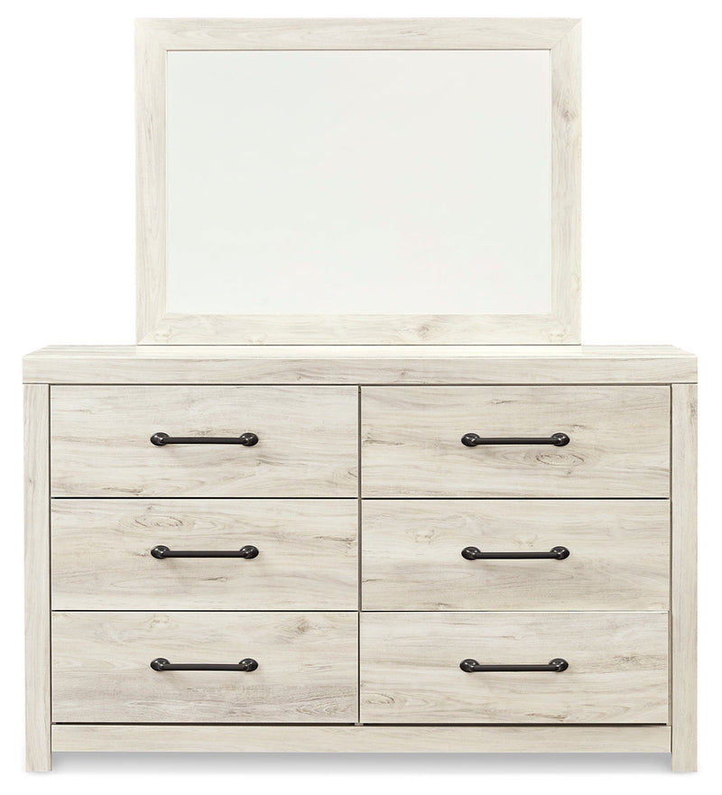 Cambeck Full Panel Bed with 4 Storage Drawers with Mirrored Dresser and Chest in Whitewash - PKG003058