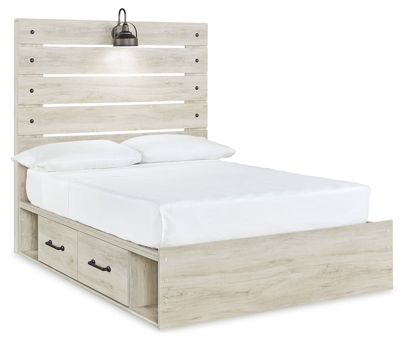 Cambeck Full Panel Bed with 4 Storage Drawers with Mirrored Dresser in Whitewash - PKG003056