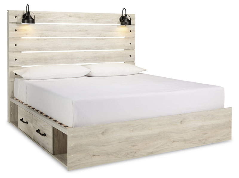 Cambeck King Panel Bed with 2 Storage Drawers with Mirrored Dresser and Chest in Whitewash - PKG007506