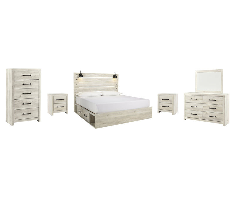 Cambeck King Panel Bed with 2 Storage Drawers with Mirrored Dresser, Chest and 2 Nightstands in Whitewash - PKG003006