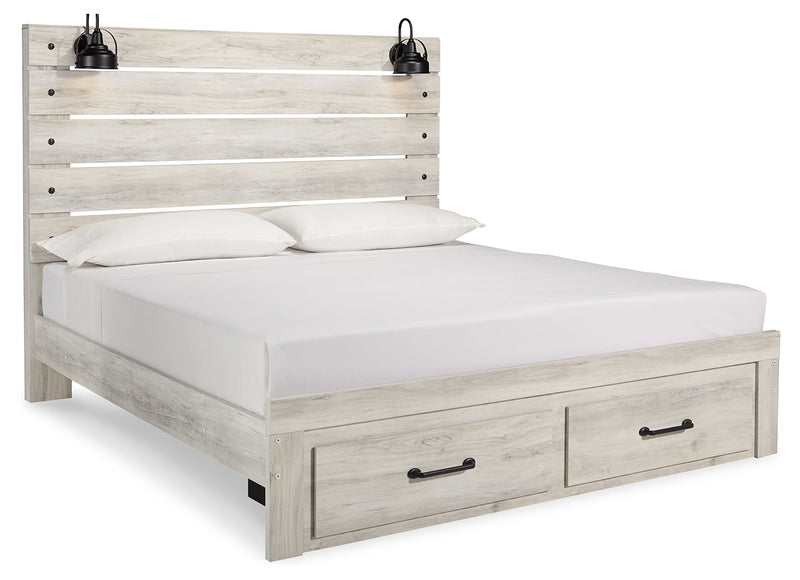 Cambeck King Panel Bed with 2 Storage Drawers with Mirrored Dresser, Chest and 2 Nightstands in Whitewash - PKG003048