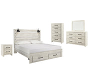Cambeck King Panel Bed with 2 Storage Drawers with Mirrored Dresser, Chest and Nightstand in Whitewash - PKG003047