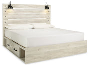 Cambeck King Panel Bed with 4 Storage Drawers with Mirrored Dresser, Chest and 2 Nightstands in Whitewash - PKG003030