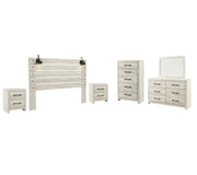 Cambeck King Panel Headboard Bed with Mirrored Dresser, Chest and 2 Nightstands in Whitewash - PKG002972