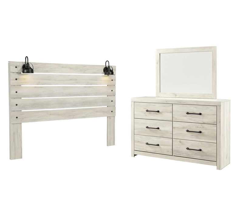 Cambeck King Panel Headboard Bed with Mirrored Dresser in Whitewash - PKG002967