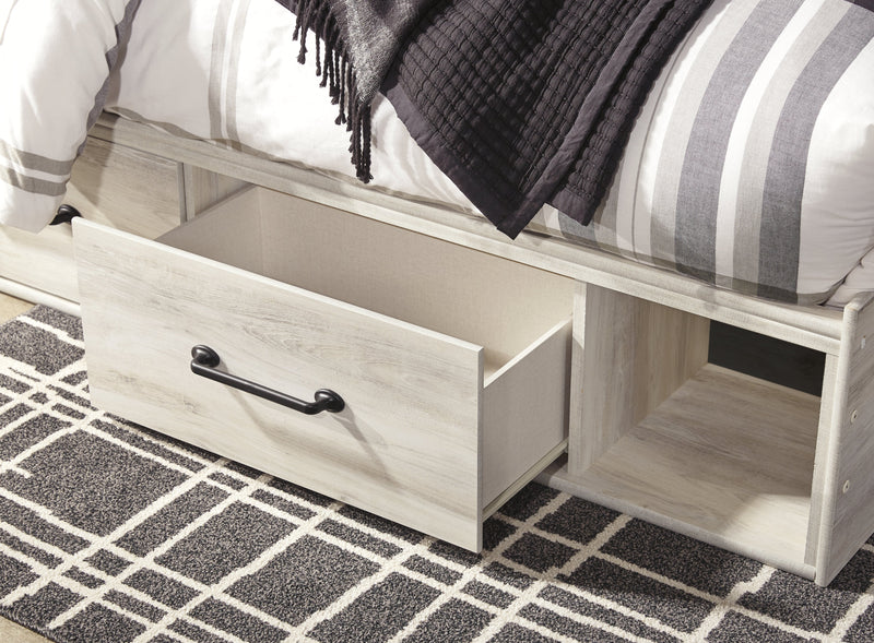 Cambeck Queen Panel Bed with 2 Storage Drawers with Mirrored Dresser and Chest in Whitewash - PKG002996