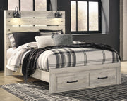 Cambeck Queen Panel Bed with 2 Storage Drawers with Mirrored Dresser and Chest in Whitewash - PKG003095