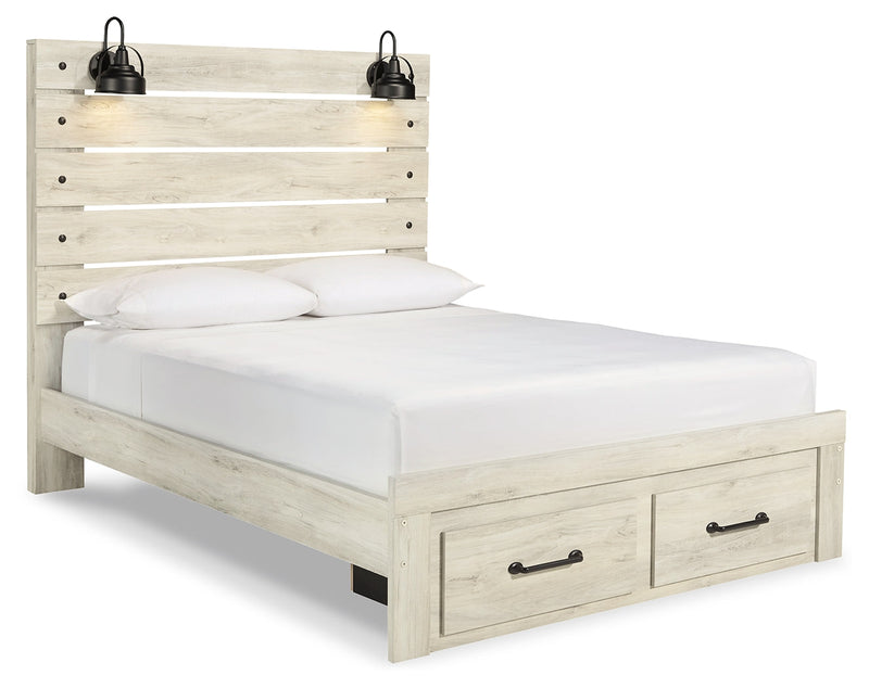 Cambeck Queen Panel Bed with 2 Storage Drawers with Mirrored Dresser and Chest in Whitewash - PKG003095