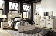 Cambeck Queen Panel Bed with 2 Storage Drawers with Mirrored Dresser, Chest and 2 Nightstands in Whitewash - PKG003097