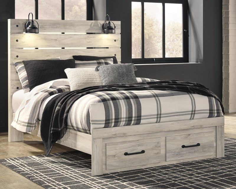 Cambeck Queen Panel Bed with 2 Storage Drawers with Mirrored Dresser in Whitewash - PKG003093