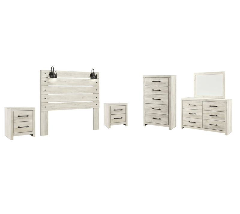 Cambeck Queen Panel Headboard Bed with Mirrored Dresser, Chest and 2 Nightstands in Whitewash - PKG002964