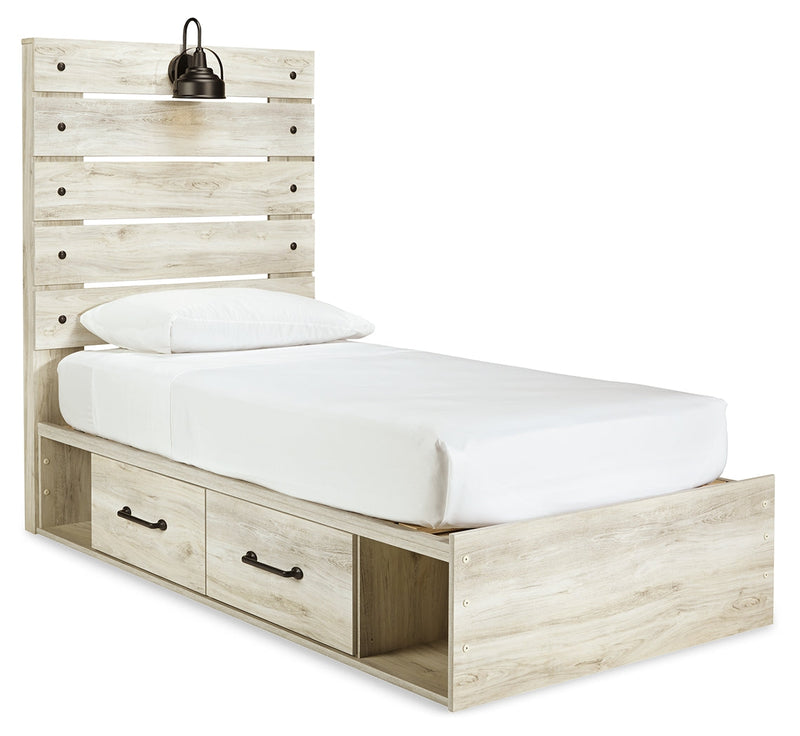 Cambeck Twin Panel Bed with 2 Storage Drawers with Mirrored Dresser and 2 Nightstands in Whitewash - PKG002978