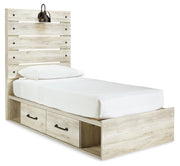 Cambeck Twin Panel Bed with 2 Storage Drawers with Mirrored Dresser, Chest and Nightstand in Whitewash - PKG002982