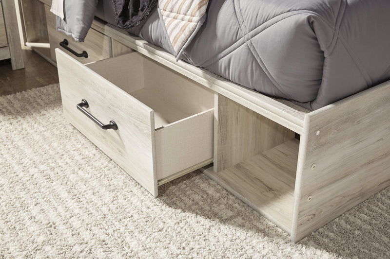Cambeck Twin Panel Bed with 2 Storage Drawers with Mirrored Dresser, Chest and Nightstand in Whitewash - PKG002982