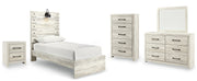 Cambeck Twin Panel Bed with Mirrored Dresser, Chest and Nightstand in Whitewash - PKG003010