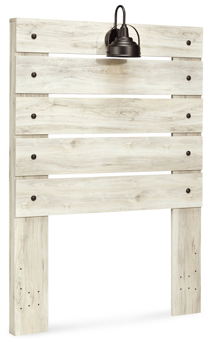 Cambeck Twin Panel Headboard Bed with Mirrored Dresser, Chest and 2 Nightstands in Whitewash - PKG002956