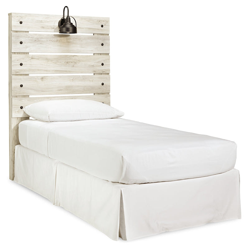 Cambeck Twin Panel Headboard Bed with Mirrored Dresser, Chest and Nightstand in Whitewash - PKG002955